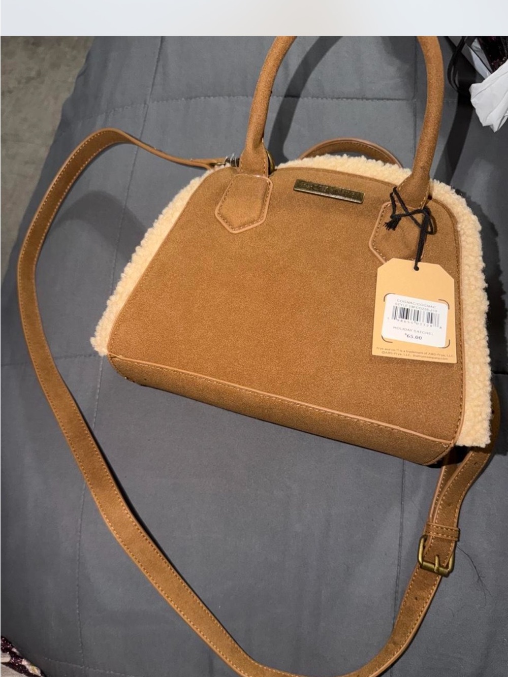 Cozy Tan Suede Crossbody Bag with Cream Shearling Trim
